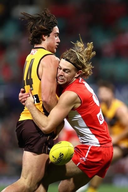 Jai Newcombe of the Hawks and James Rowbottom of the Swans collide during the round 13 AFL match between the Sydney Swans and the Hawthorn Hawks at...