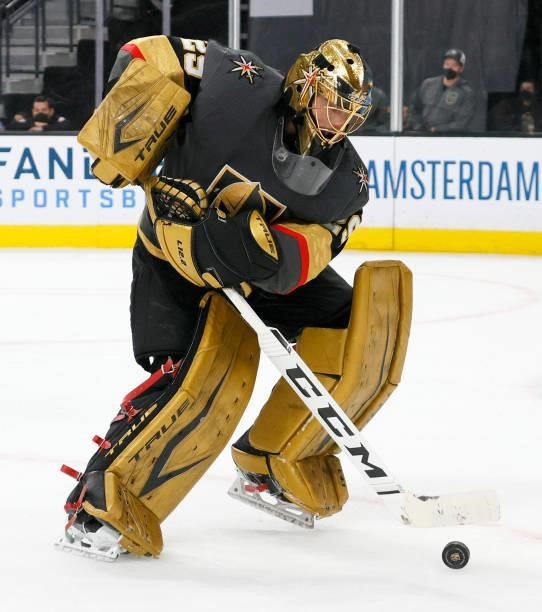 Marc-Andre Fleury of the Vegas Golden Knights clears the puck in the first period in Game Six of the Second Round of the 2021 Stanley Cup Playoffs...