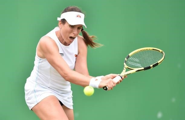 Johanna Konta of Great Britain plays a backhand shot against Alison Van Uytvanck of Belgium during the women's quarter finals singles match on day...