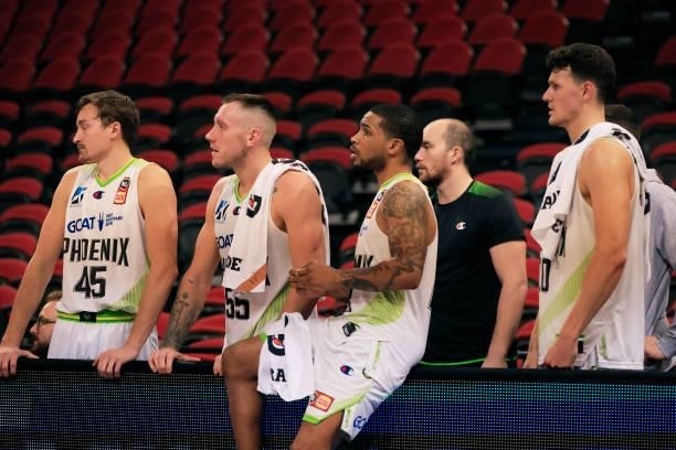 Phoenix players look on from the bench during game one of the NBL Semi-Final Series between Melbourne United and the South East Melbourne Phoenix at...