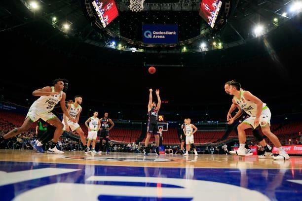 Shea Ili of United shoots from the free throw line during game one of the NBL Semi-Final Series between Melbourne United and the South East Melbourne...