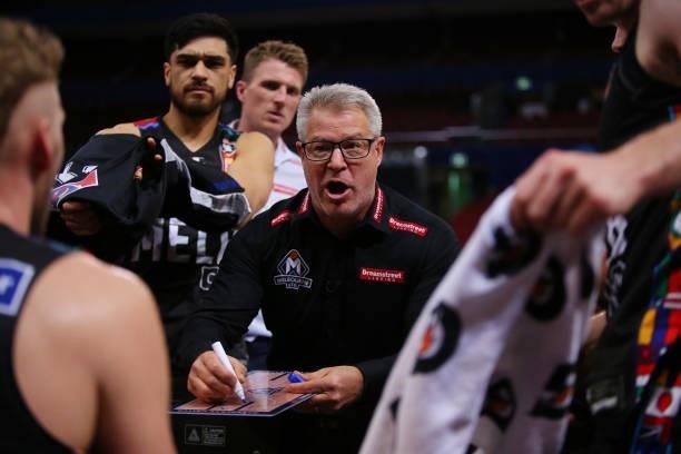 Dean Vickerman head coach of United speaks to his players during game one of the NBL Semi-Final Series between Melbourne United and the South East...