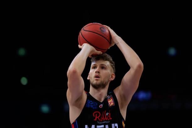 Jock Landale of United shoots from the free throwline during game one of the NBL Semi-Final Series between Melbourne United and the South East...