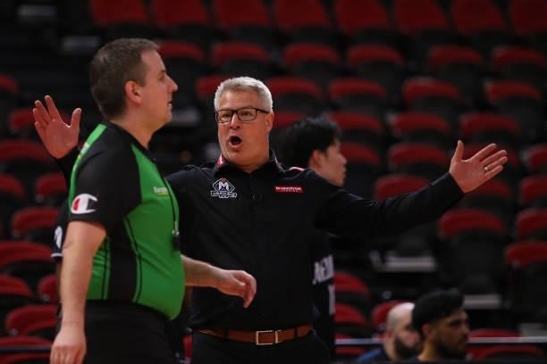 Dean Vickerman head coach of United speaks to the referee during game one of the NBL Semi-Final Series between Melbourne United and the South East...