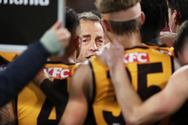 Hawks head coach Alastair Clarkson speaks to his players during the round 13 AFL match between the Sydney Swans and the Hawthorn Hawks at Sydney...