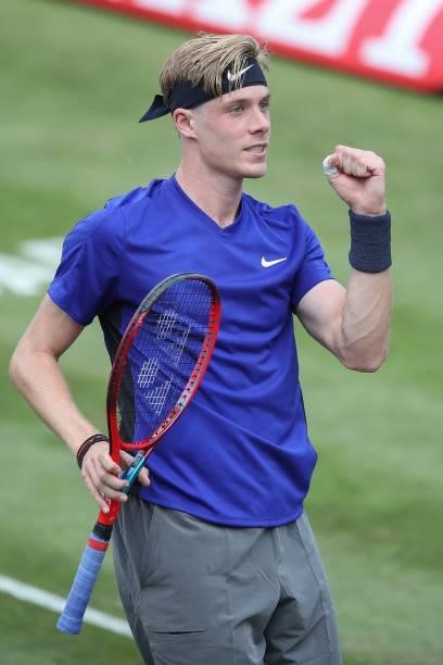 Denis Shapovalov of Canada celebrates after winning his match against Felicano Lopez of Spain during day 5 of the MercedesCup at Tennisclub...
