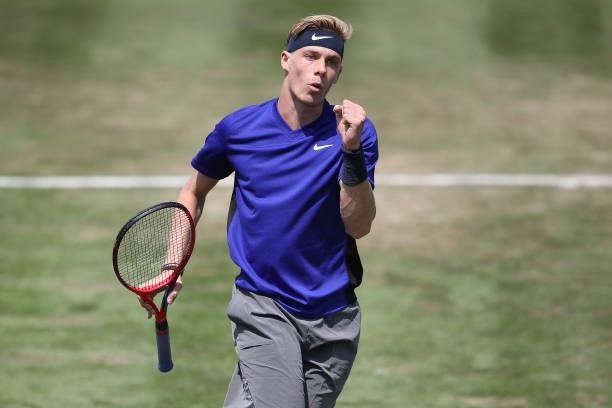 Denis Shapovalov of Canada celebrates during his match against Felicano Lopez of Spain during day 5 of the MercedesCup at Tennisclub Weissenhof on...