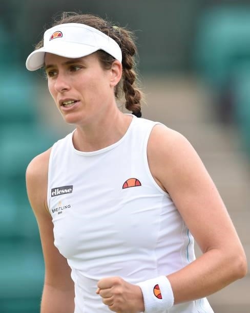 Johanna Konta of Great Britain celebrates after she wins a game against Alison Van Uytvanck of Belgium during the women's quarter finals singles...