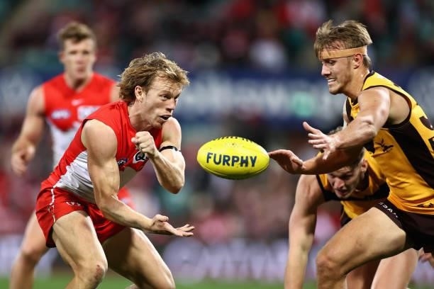 Callum Mills of the Swans handpasses during the round 13 AFL match between the Sydney Swans and the Hawthorn Hawks at Sydney Cricket Ground on June...