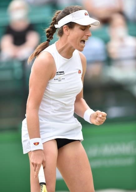 Johanna Konta of Great Britain celebrates she plays against Alison Van Uytvanck of Belgium during the women's quarter finals singles match on day six...