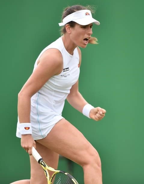 Johanna Konta of Great Britain celebrates as she plays against Alison Van Uytvanck of Belgium during the women's quarter finals singles match on day...