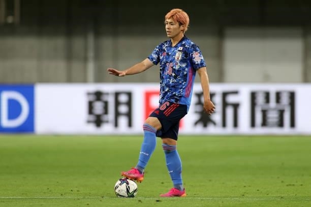 Ryoya Ogawa of Japan in action during the international friendly match between Japan and Serbia at Noevir Stadium Kobe on June 11, 2021 in Kobe,...