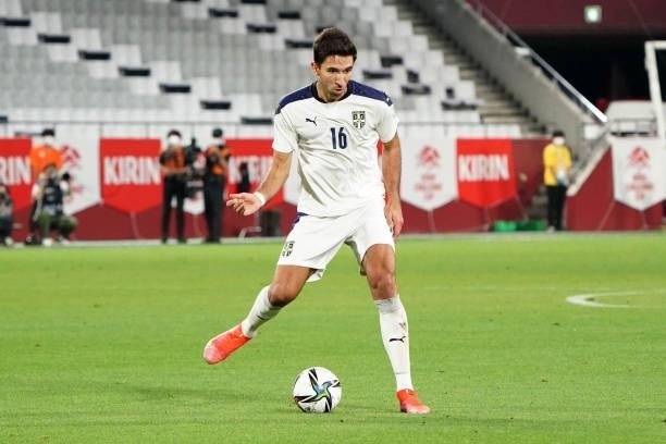 Marko Grujic of Serbia in action during the international friendly match between Japan and Serbia at Noevir Stadium Kobe on June 11, 2021 in Kobe,...