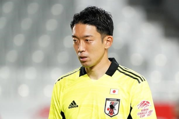 Shuichi Gonda of Japan is seen during the international friendly match between Japan and Serbia at Noevir Stadium Kobe on June 11, 2021 in Kobe,...