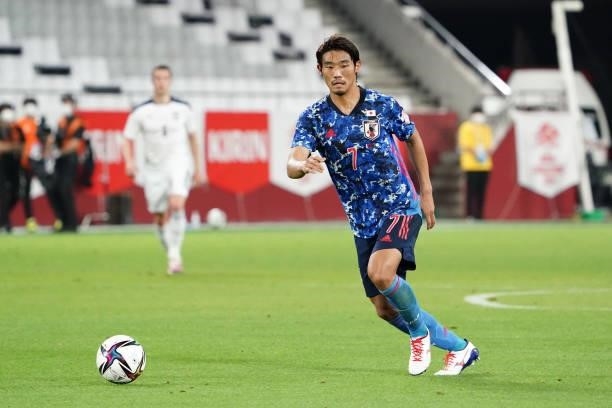 Hidemasa Morita of Japan in action during the international friendly match between Japan and Serbia at Noevir Stadium Kobe on June 11, 2021 in Kobe,...