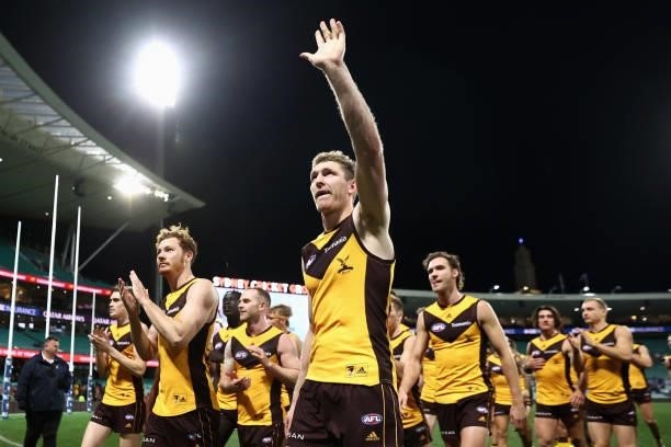 Ben McEvoy of the Hawks thanks fans after winning the round 13 AFL match between the Sydney Swans and the Hawthorn Hawks at Sydney Cricket Ground on...
