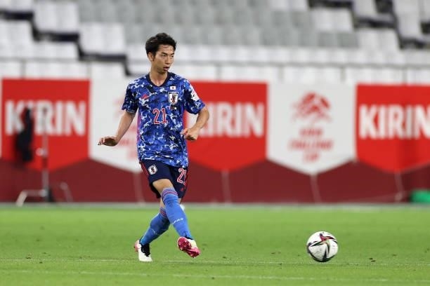 Hayao Kawabe of Japan in action during the international friendly match between Japan and Serbia at Noevir Stadium Kobe on June 11, 2021 in Kobe,...