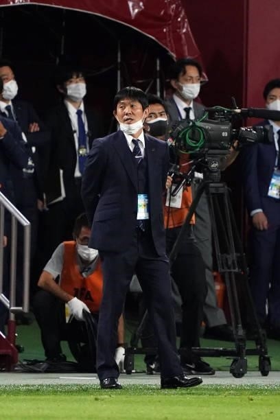 Head coach Hajime Moriyasu of Japan is seen during the international friendly match between Japan and Serbia at Noevir Stadium Kobe on June 11, 2021...