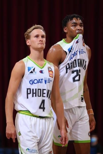 Kyle Adnam of the Phoenix and Ben Moore of the Phoenix look on during game one of the NBL Semi-Final Series between Melbourne United and the South...