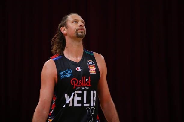 David Andersen of United looks on during game one of the NBL Semi-Final Series between Melbourne United and the South East Melbourne Phoenix at Qudos...