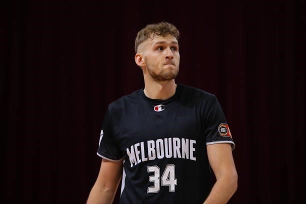 Jock Landale of United looks on during game one of the NBL Semi-Final Series between Melbourne United and the South East Melbourne Phoenix at Qudos...