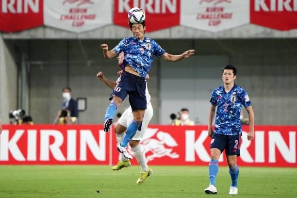 Hidemasa Morita of Japan in action during the international friendly match between Japan and Serbia at Noevir Stadium Kobe on June 11, 2021 in Kobe,...
