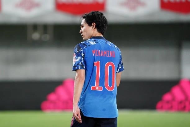 Takumi Minamino of Japan is seen during the international friendly match between Japan and Serbia at Noevir Stadium Kobe on June 11, 2021 in Kobe,...