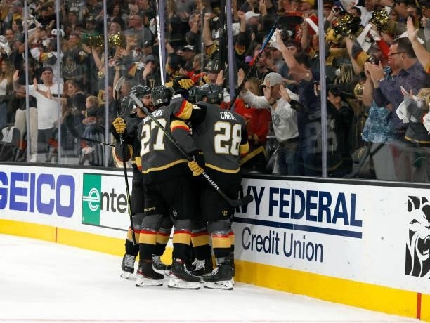 The Vegas Golden Knights celebrate a second-period goal by Keegan Kolesar against the Colorado Avalanche in Game Six of the Second Round of the 2021...