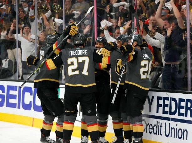 The Vegas Golden Knights celebrate a second-period goal by Keegan Kolesar against the Colorado Avalanche in Game Six of the Second Round of the 2021...
