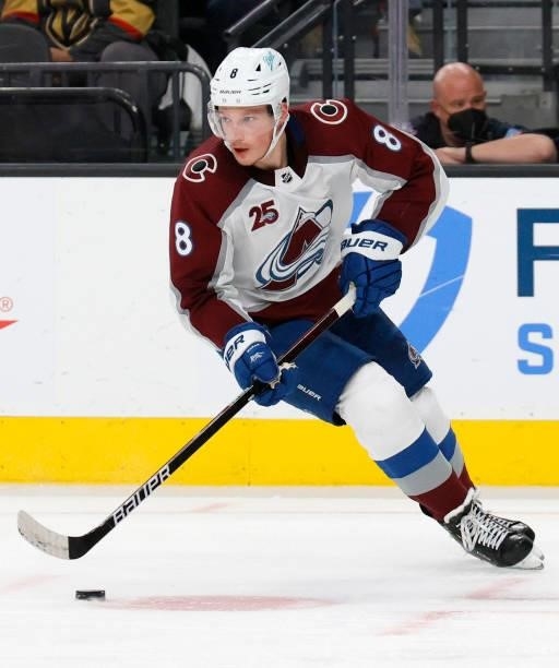 Cale Makar of the Colorado Avalanche skates with the puck against the Vegas Golden Knights in the second period in Game Six of the Second Round of...
