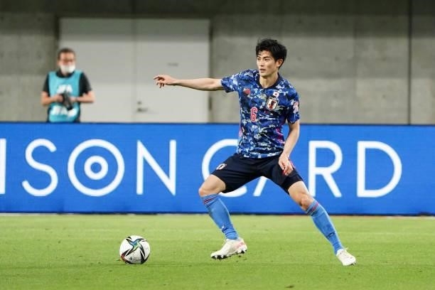Shogo Taniguchi of Japan in action during the international friendly match between Japan and Serbia at Noevir Stadium Kobe on June 11, 2021 in Kobe,...