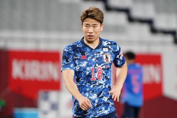 Takuma Asano of Japan is seen during the international friendly match between Japan and Serbia at Noevir Stadium Kobe on June 11, 2021 in Kobe,...