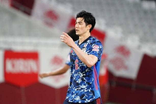 Shogo Taniguchi of Japan is seen during the international friendly match between Japan and Serbia at Noevir Stadium Kobe on June 11, 2021 in Kobe,...