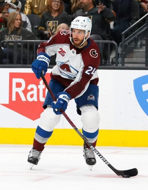 Patrik Nemeth of the Colorado Avalanche skates with the puck against the Vegas Golden Knights in the second period in Game Six of the Second Round of...