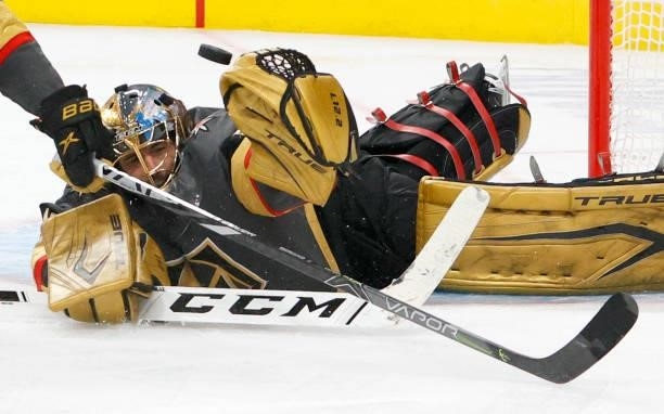 Marc-Andre Fleury of the Vegas Golden Knights makes a save against the Colorado Avalanche in the third period in Game Six of the Second Round of the...
