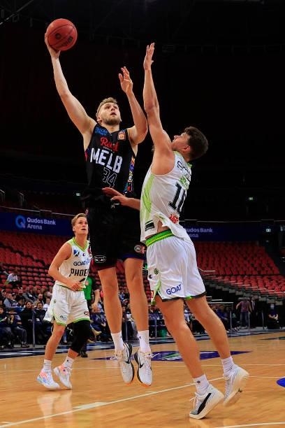 Jock Landale of United shoots for a basket during game one of the NBL Semi-Final Series between Melbourne United and the South East Melbourne Phoenix...