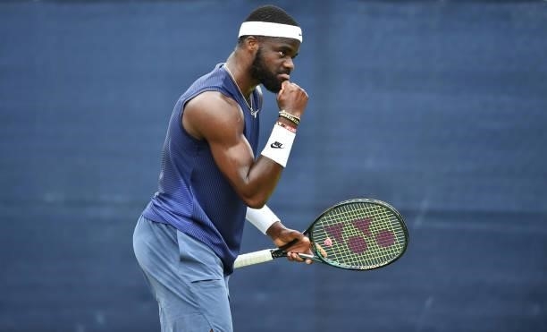 Frances Tiafoe of United States celebrates after winning a point against Evgeny Donskoy of Russia during the men's singles match on day six at...
