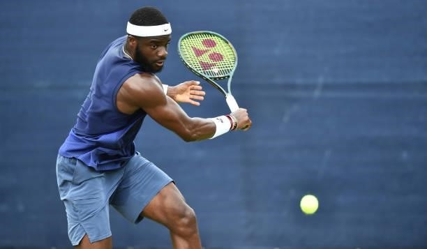 Frances Tiafoe of United States plays a backhand shot against Evgeny Donskoy of Russia during the men's singles match on day six at Nottingham Tennis...