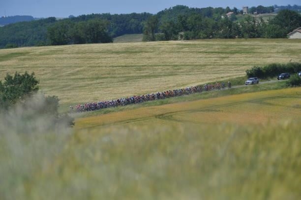 The Peloton during the 45th La Route d'Occitanie - La Depeche Du Midi 2021, Stage 2 a 198,7km stage from Villefranche-de-Rouergue to Auch 174m /...