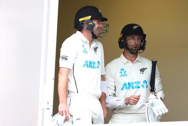 Devon Conway and Will Young of New Zealand prepare to continue batting after the tea break during day two of the second Test Match at Edgbaston on...