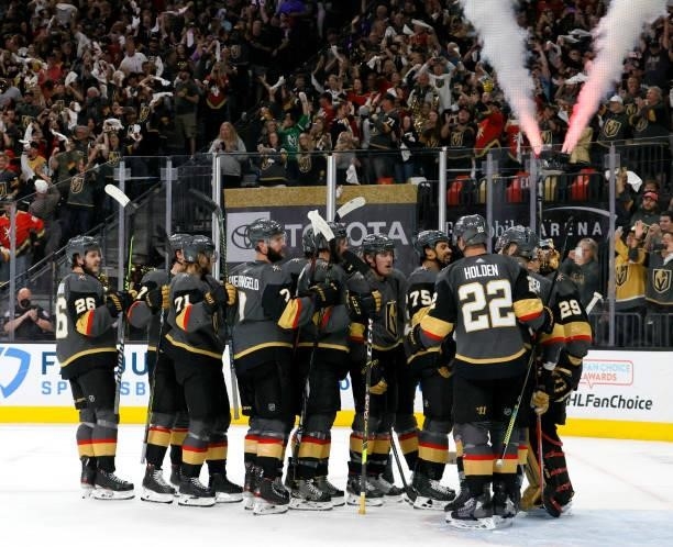 The Vegas Golden Knights celebrate their 6-3 victory over the Colorado Avalanche to win Game Six of the Second Round of the 2021 Stanley Cup Playoffs...