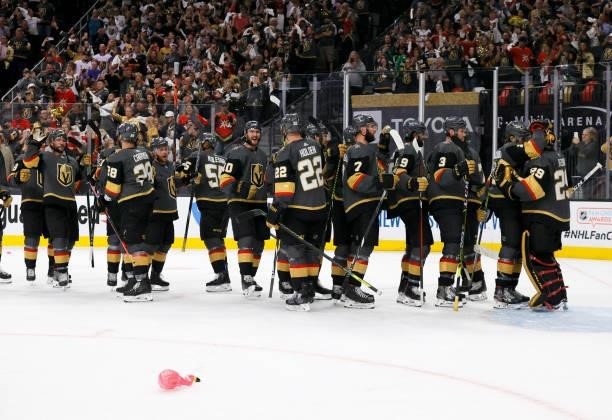 The Vegas Golden Knights celebrate their 6-3 victory over the Colorado Avalanche to win Game Six of the Second Round of the 2021 Stanley Cup Playoffs...