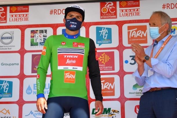 Jacopo Mosca of Italy and Team Trek - Segafredo Green Points Jersey celebrates at podium during the 45th La Route d'Occitanie - La Depeche Du Midi...