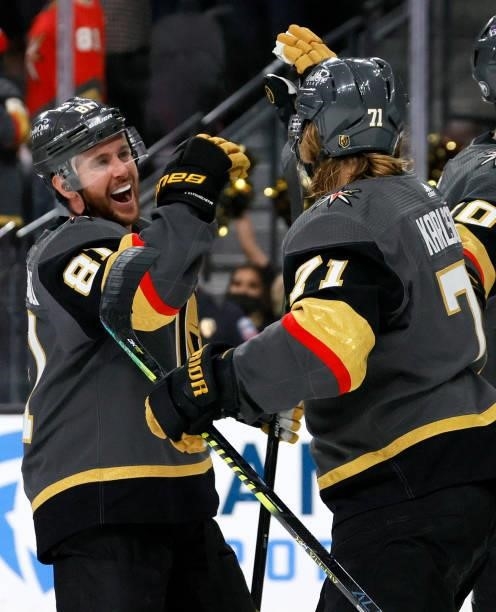 Jonathan Marchessault and William Karlsson of the Vegas Golden Knights celebrate the team's 6-3 victory over the Colorado Avalanche to win Game Six...