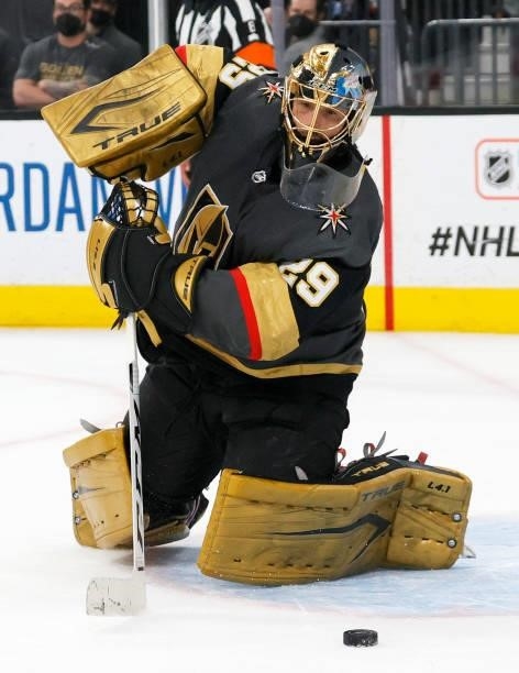 Marc-Andre Fleury of the Vegas Golden Knights clears the puck in the third period in Game Six of the Second Round of the 2021 Stanley Cup Playoffs...