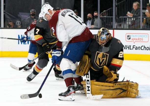 Marc-Andre Fleury of the Vegas Golden Knights defends the net against Valeri Nichushkin of the Colorado Avalanche in the third period in Game Six of...
