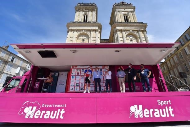 Arnaud Demare of France and Team Groupama - FDJ celebrates at podium during the 45th La Route d'Occitanie - La Depeche Du Midi 2021, Stage 2 a...