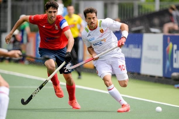 Eliot Curty of France, Marc Salles of Spain during the Euro Hockey Championships match between Spain and France at Wagener Stadion on June 11, 2021...