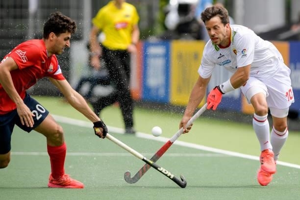 Eliot Curty of France, Marc Salles of Spain during the Euro Hockey Championships match between Spain and France at Wagener Stadion on June 11, 2021...