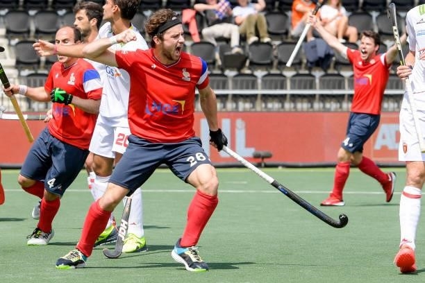 Antonin Igau of France celebrates after scoring his teams third goal during the Euro Hockey Championships match between Spain and France at Wagener...